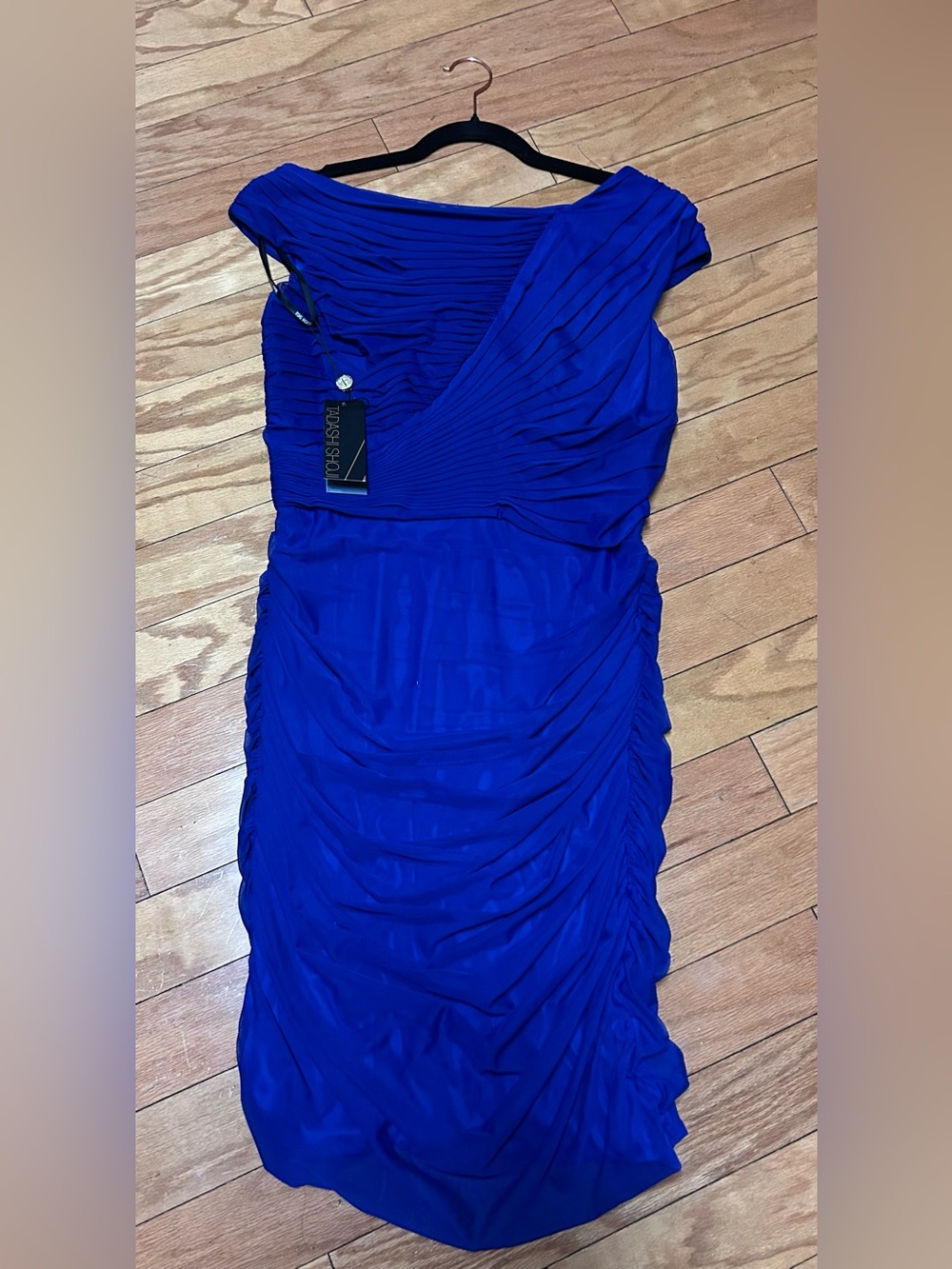 NWT Tadashi Shoji Sapphire Blue Ruched Mesh Cocktail Dress Size L